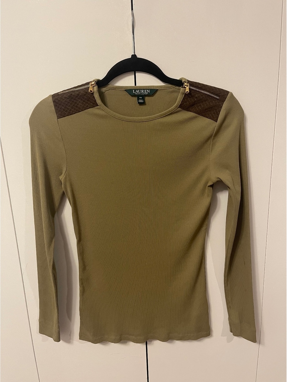 Lauren Ralph Lauren Women's Olive Green Long Sleeve Ribbed Top with Brown Faux-S